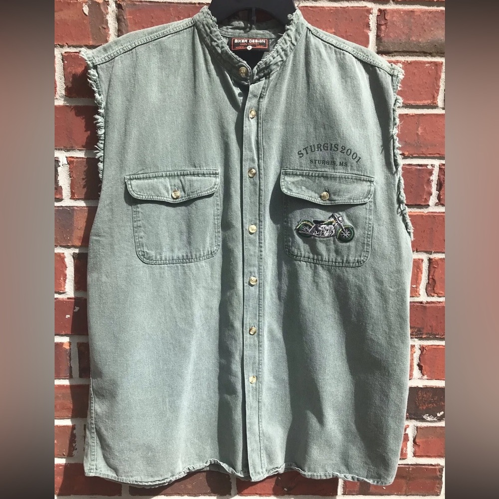 Biker Design 2001 Sturgis Motorcycle Rally Sleeveless Olive Green Shirt Large
